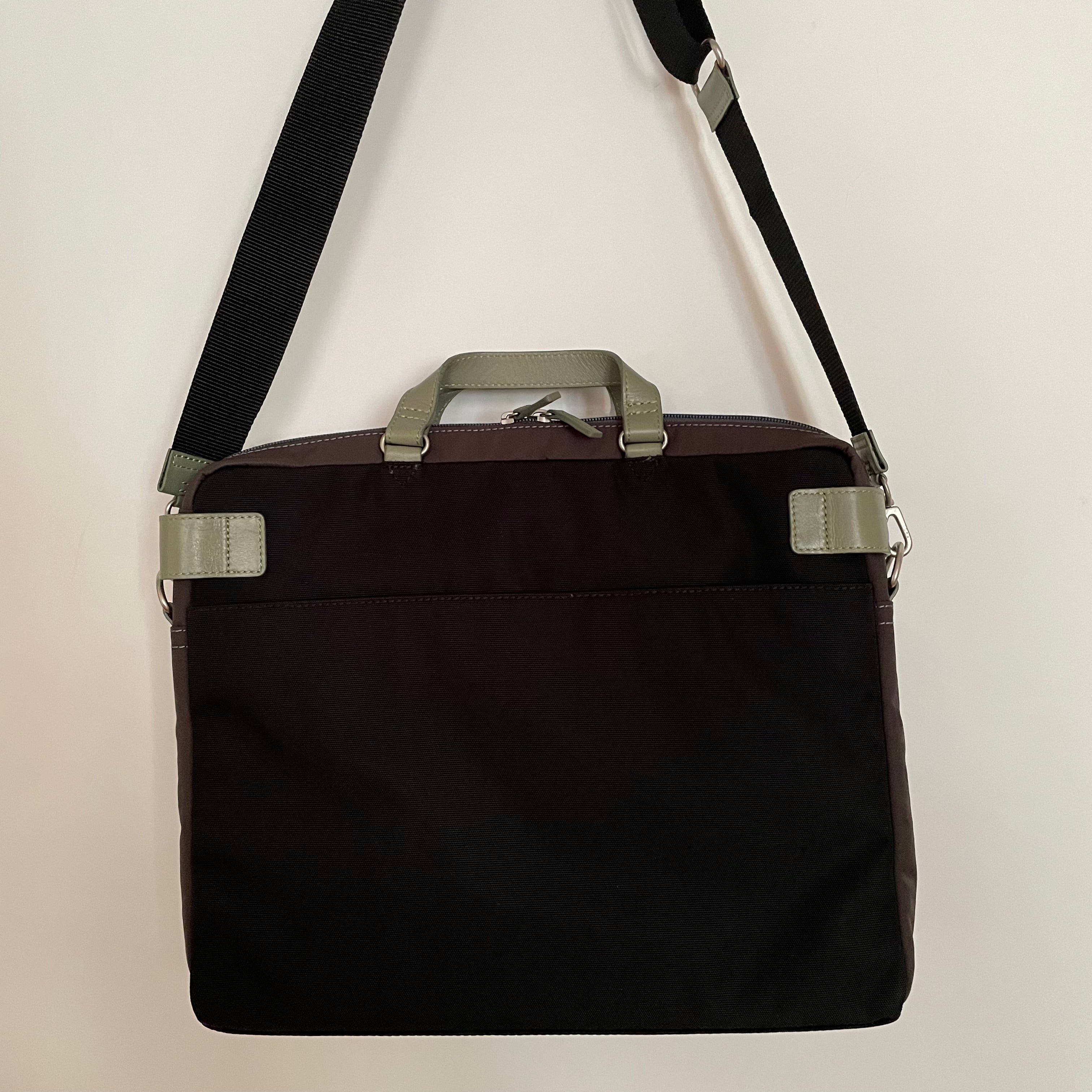 Premium Collection | Nylon x Leather Briefcase with Stripe Stitch Accents | Black x Sage